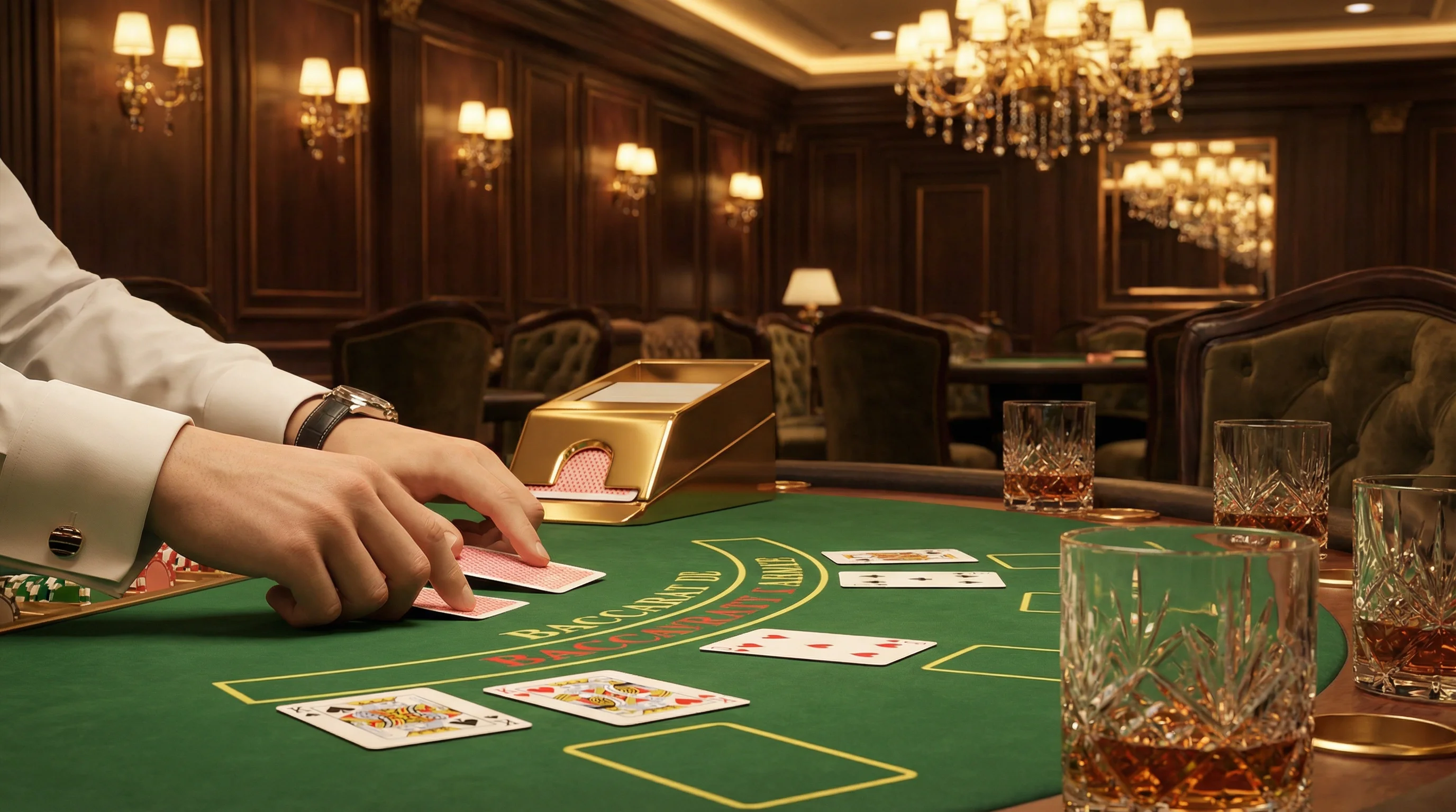 Mesa de bacará elegante con cartas y ambiente VIP