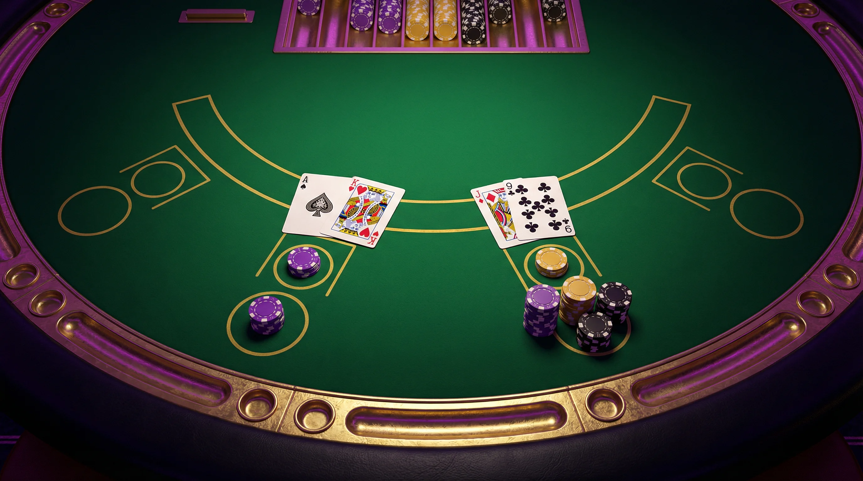 Mesa de blackjack profesional con cartas y fichas