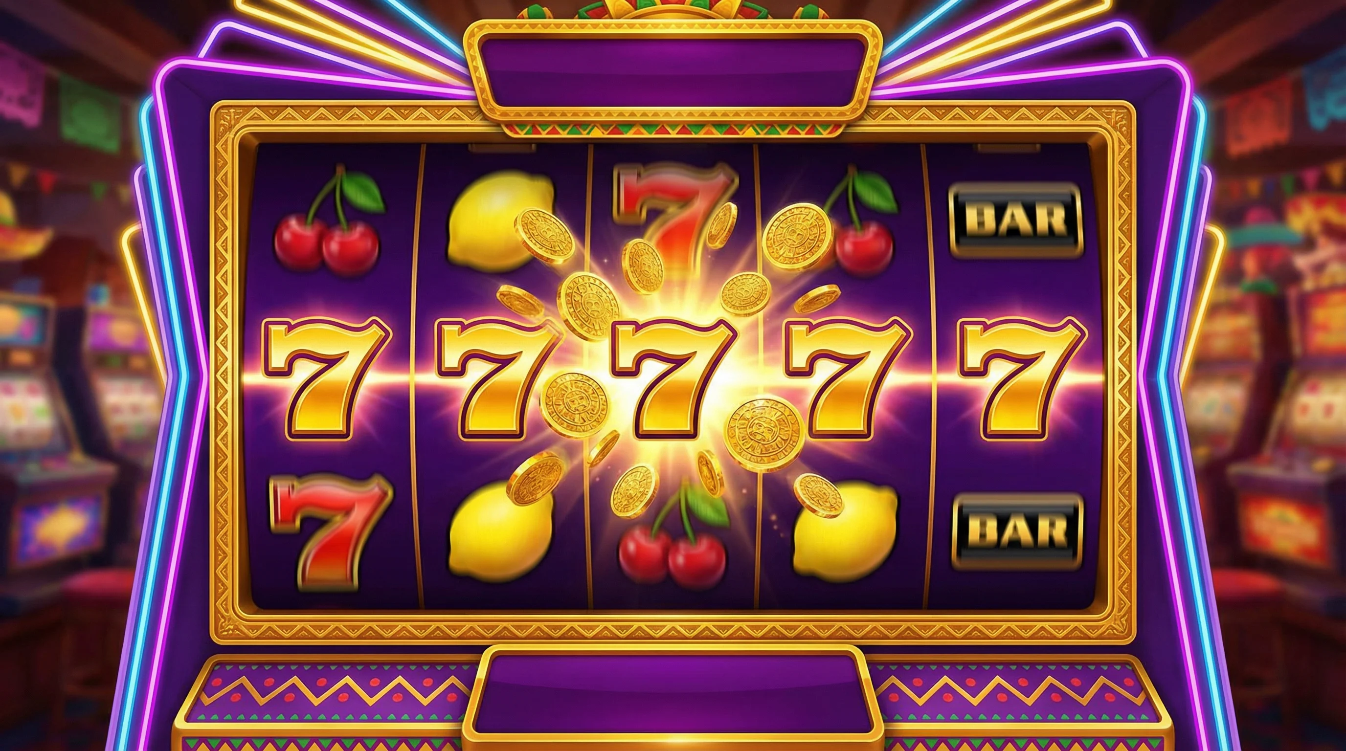 Tragamonedas con símbolos de frutas y número siete dorado